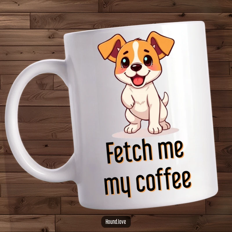 Funny Mug: An excited hound with perked ears, poised to leap mid-air, embodying pure retrieval joy and canine enthusiasm.