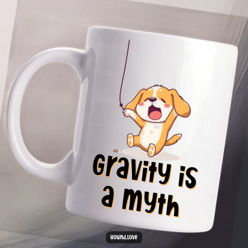 Funny hound dog comically tumbling with outstretched paws while trying to grab a dangling string on a mug.