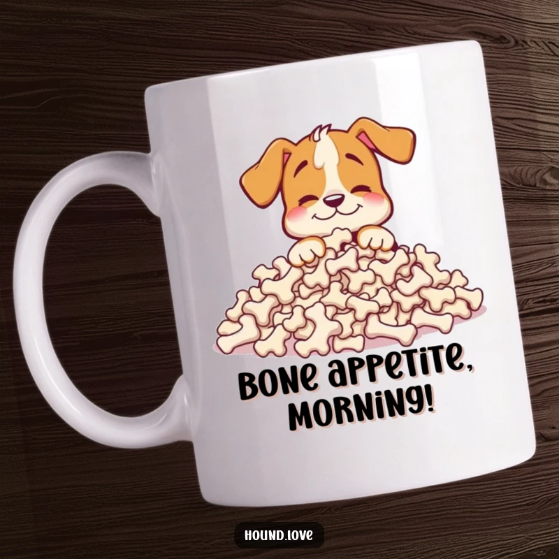 Funny hound mug featuring a happy dog burying its nose in an enormous pile of bones, embodying pure canine delight.