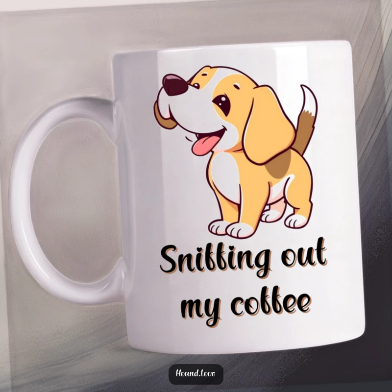 Funny Hound Mug: Happy hound with floppy ears and wagging tail joyfully sniffs the air, capturing pure canine delight.