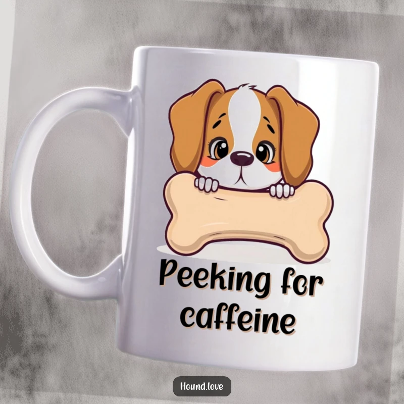 Funny hound peeking with curiosity from behind a giant, talking bone on a mug, evoking playful intrigue, great gift.