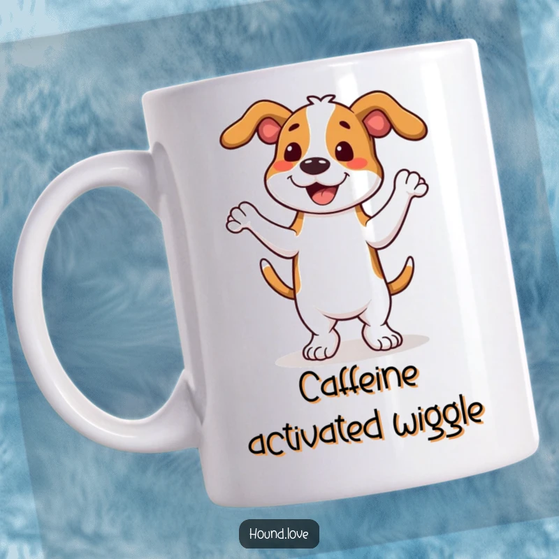 Funny hound dog doing a full-body wiggly dance of pure happiness on a mug, radiating infectious energy.