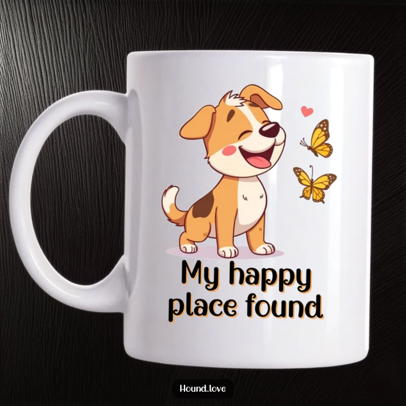 Funny mug design of a happy hound dog with a big grin, enthusiastically chasing a colorful butterfly in a sunny meadow.
