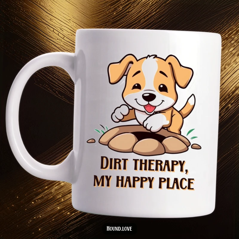 Funny Mug: Hound energetically digging a hole with paws flying, capturing pure, unadulterated joy and a love for dirt.