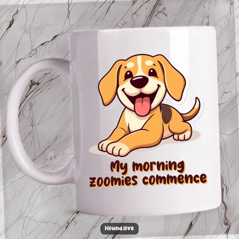 Funny Mug featuring a happy, panting hound dog sliding gleefully across a polished floor, a comical expression of pure joy.