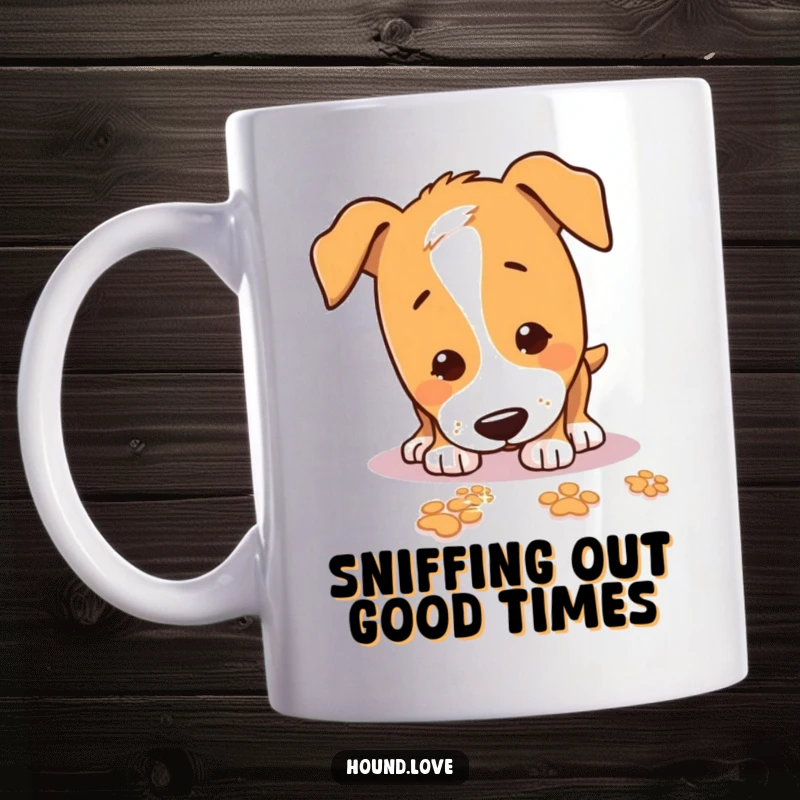 Funny Mug featuring a playful hound dog sniffing the ground, following a trail of sparkling paw prints with excitement.