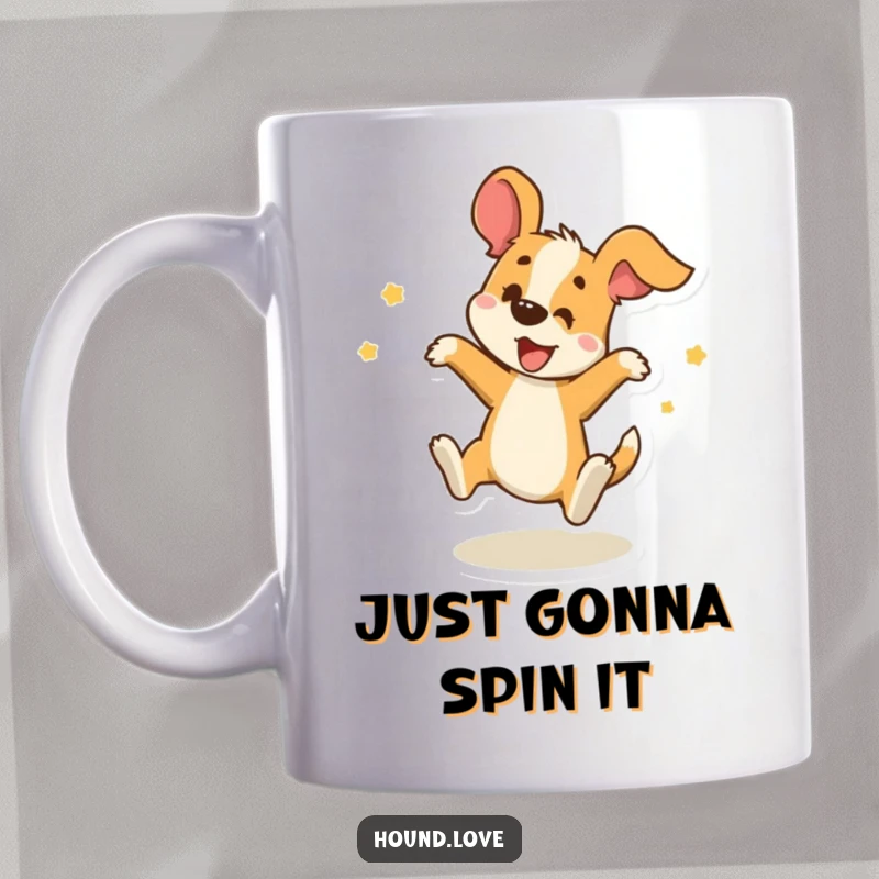 Funny Mug: A delighted hound character playfully spins in a joyful circle, embodying pure canine happiness and fun.