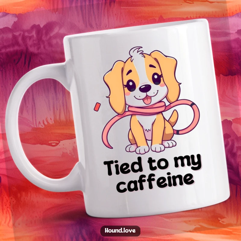 Funny hound character playfully tangled in a long, flowing ribbon, looking endearingly confused on this mug.