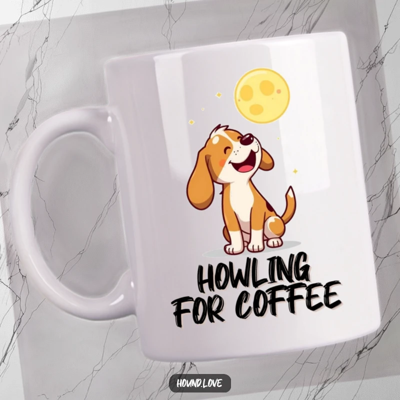 Funny Mug of a joyful hound character looking up and happily baying at a playful, bouncing moon in the night sky.