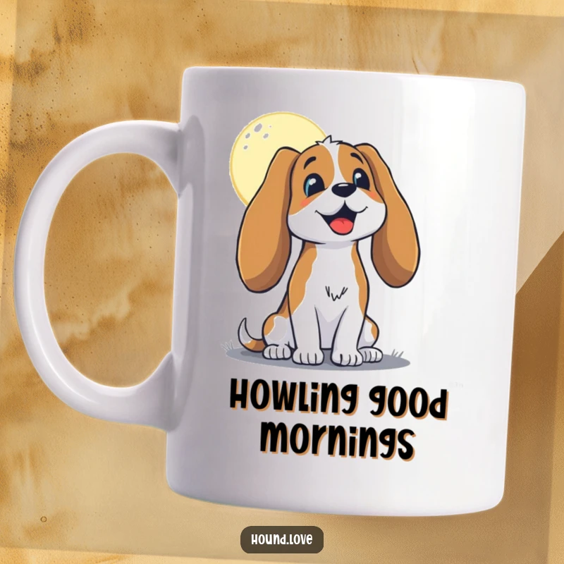 Funny hound with long, floppy ears, joyfully baying at the moon on a mug, evoking canine happiness and humor, great gift.