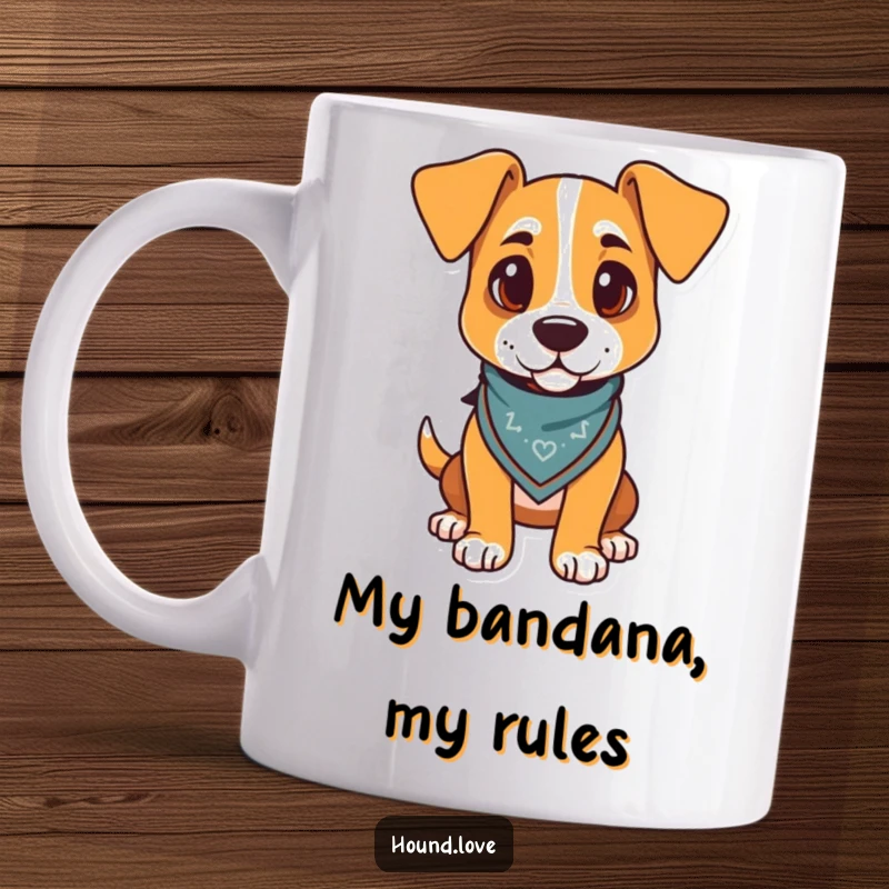 Funny dog mug featuring a proud hound standing tall, wearing a jaunty bandana, ready for a fun day.
