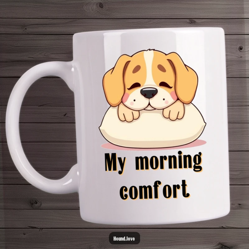 Funny hound mug, a contented dog resting its snout on a plush pillow with a sigh, humorous and cozy.