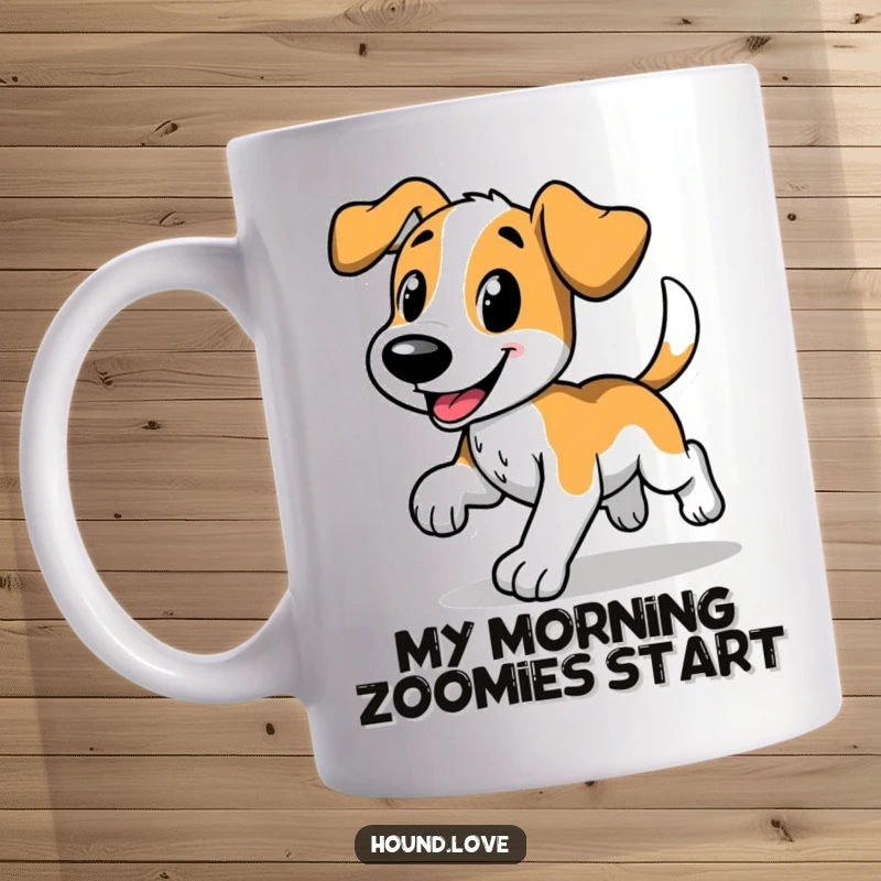 Funny mug featuring a happy hound dog with a wagging tail, joyfully trotting with a comical expression, perfect for dog enthusiasts.