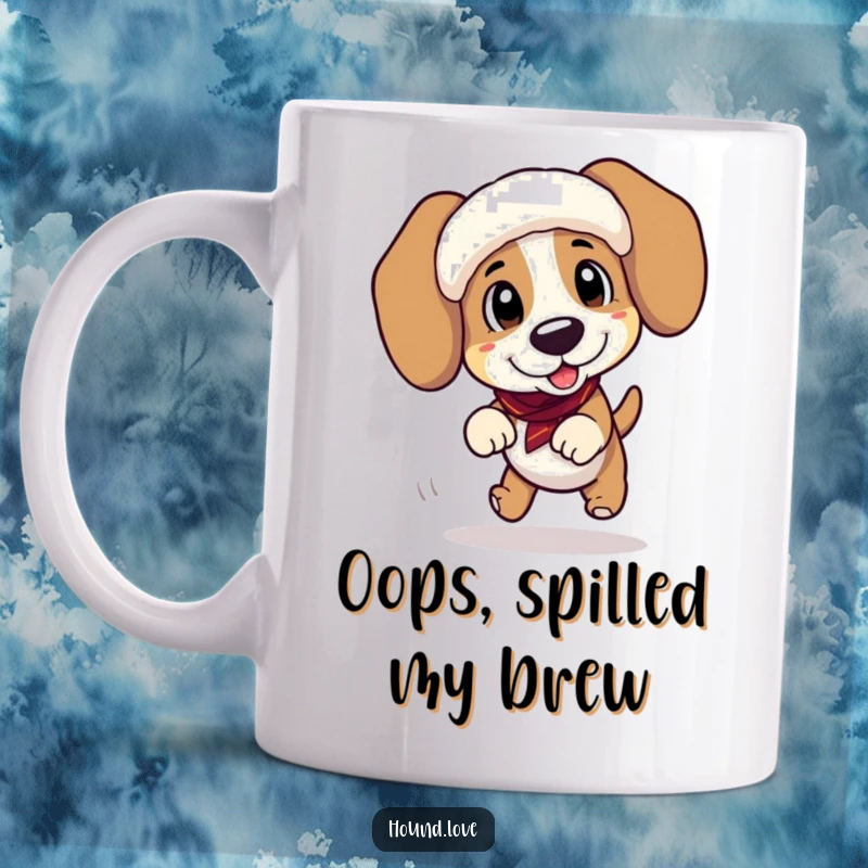 Funny mug showing a clumsy hound character falling over while wearing huge, floppy ear muffs, perfect for a good laugh.
