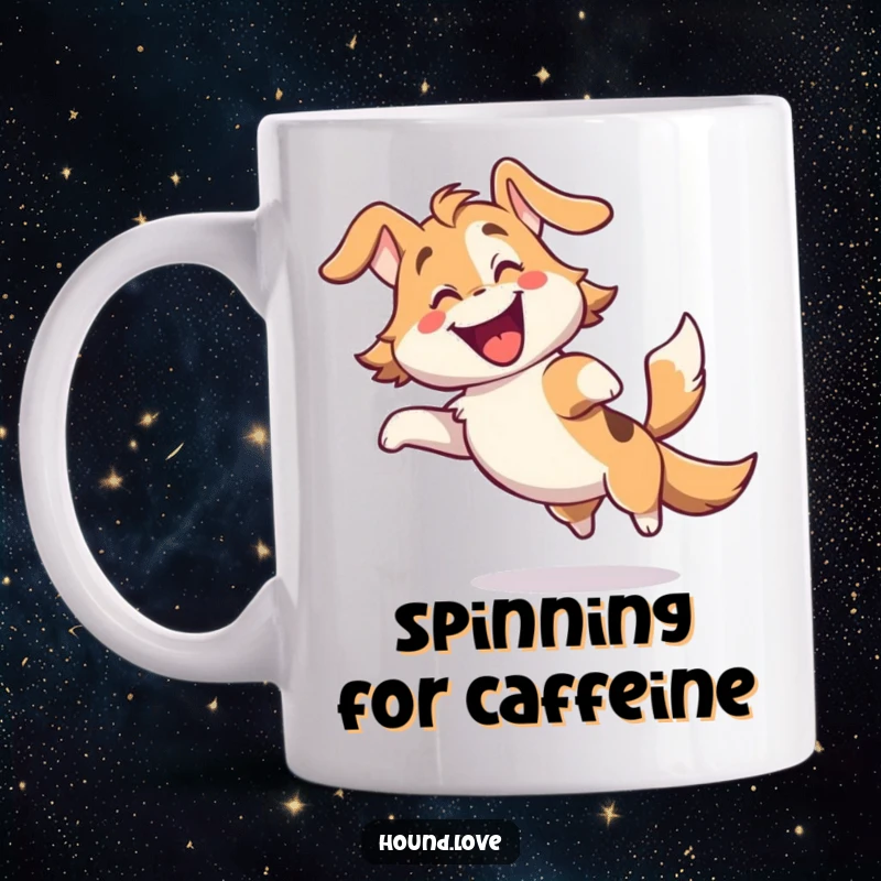Funny mug of a gleeful hound character spinning joyfully with its tail wagging furiously, radiating happiness and fun.