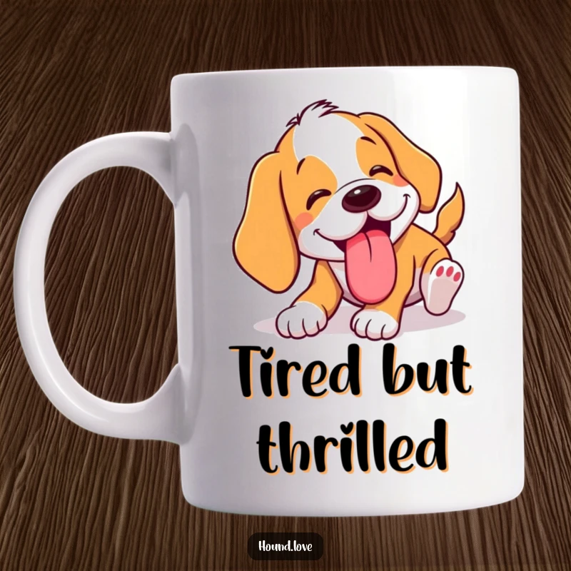 Funny hound character comically tumbling head over heels with its tongue lolling out in a goofy expression. A humorous mug for dog lovers.