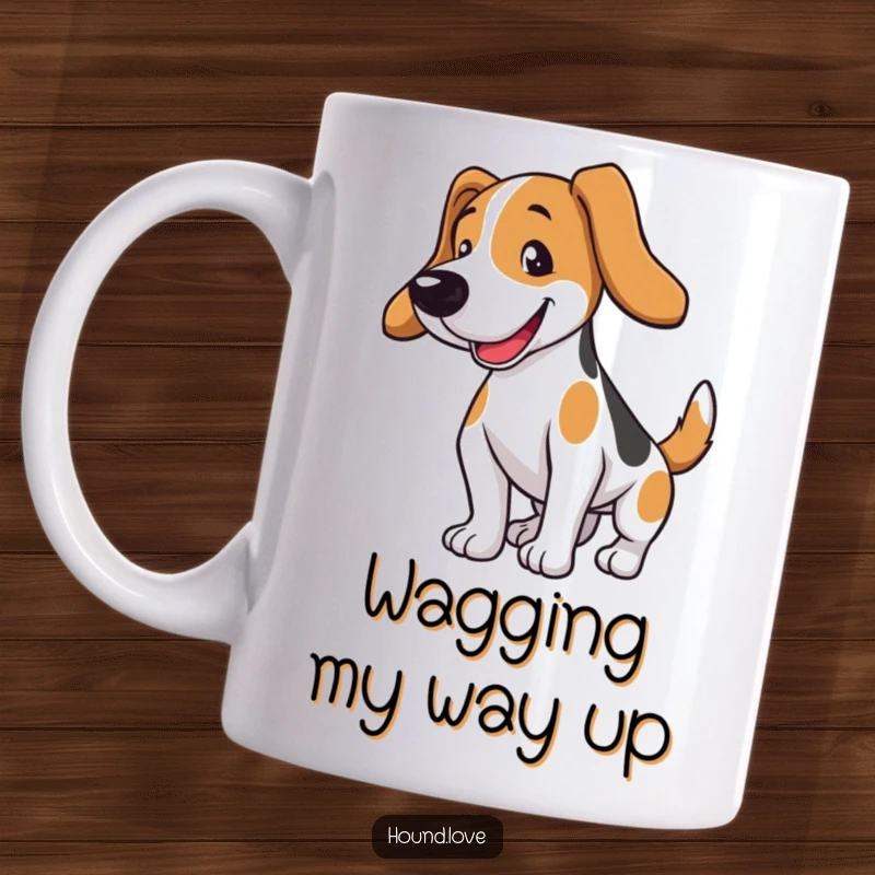 Funny hound dog with long floppy ears energetically wagging its tail. A humorous mug for dog lovers.