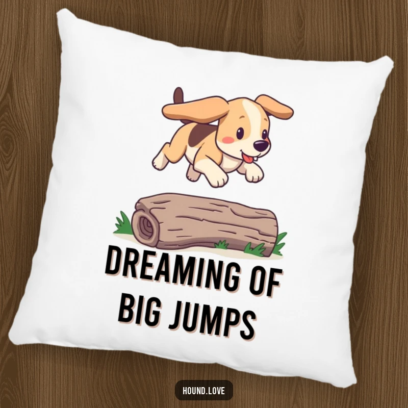 Funny bounding hound pillow featuring a dog joyfully bounding over a log. A soft, humorous gift for dog lovers.