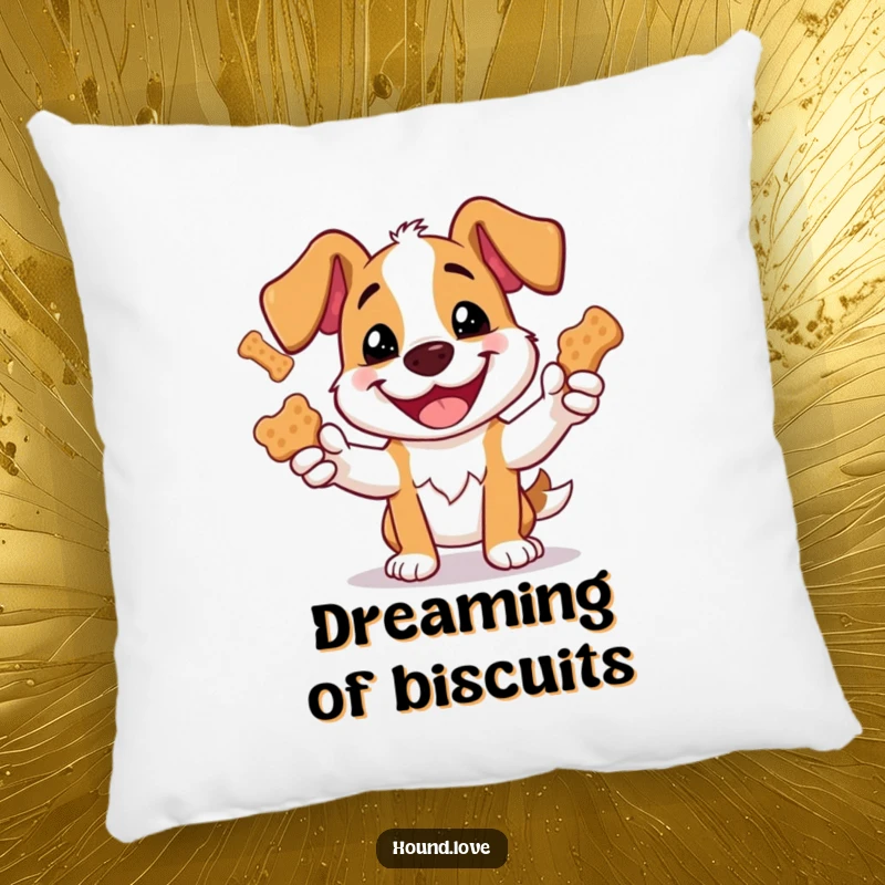 Funny pillow illustration of a dog enthusiastically juggling oversized dog biscuits, perfect for adding humor.