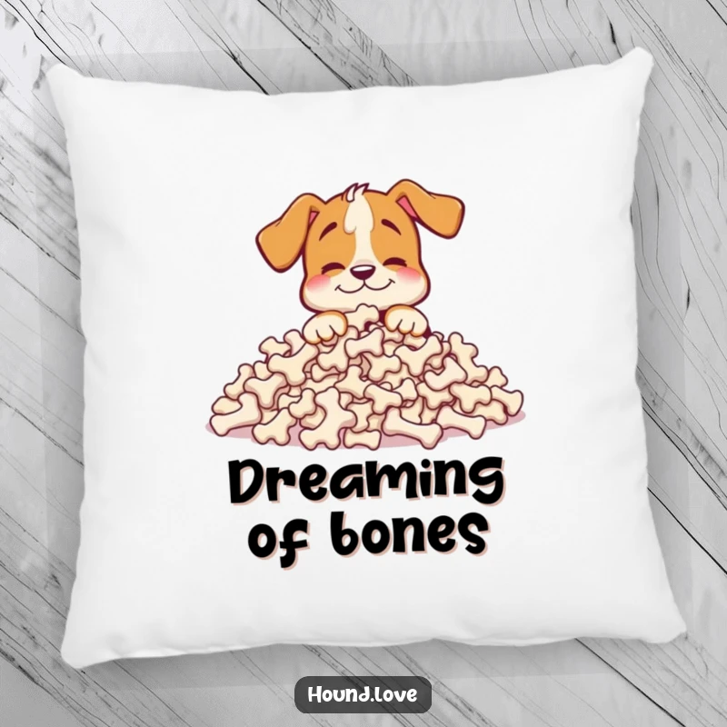 Funny hound pillow with a happy dog character burying its nose in a massive pile of bones, perfect for soft, humorous comfort.