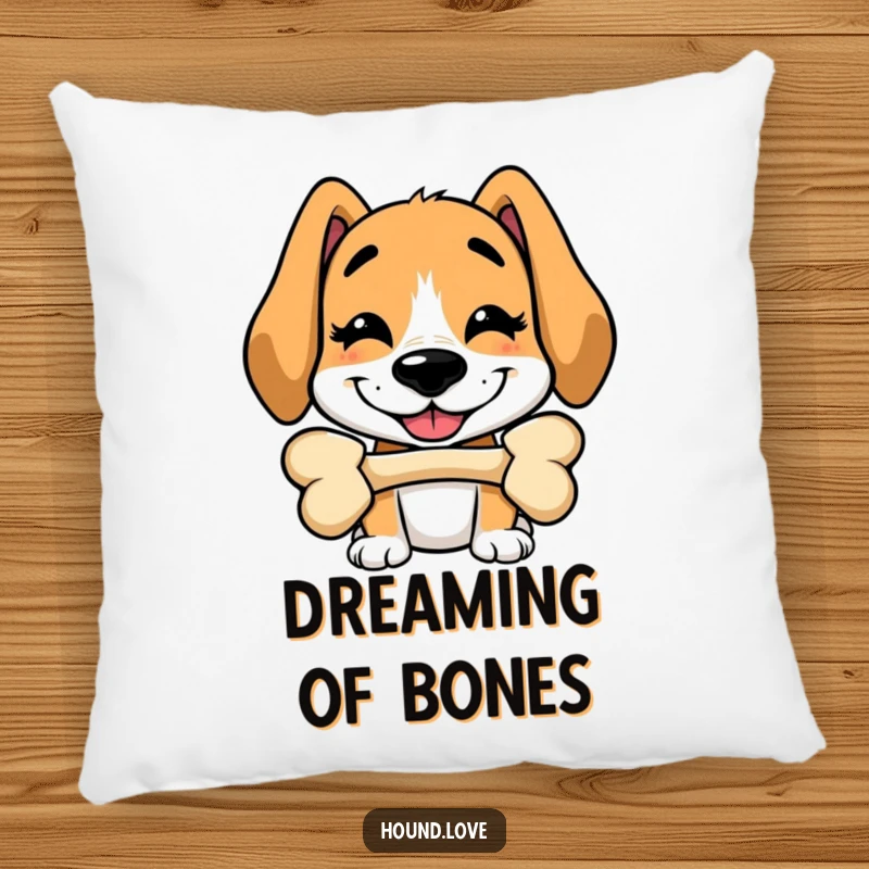 Funny pillow featuring a hound with a silly grin hilariously balancing a bone on its nose, perfect for cozy comfort.