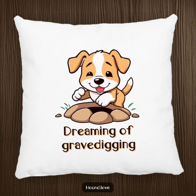 Funny Pillow: A cute hound character digging a hole with immense enthusiasm, dirt flying, a charming and funny depiction of doggy joy.