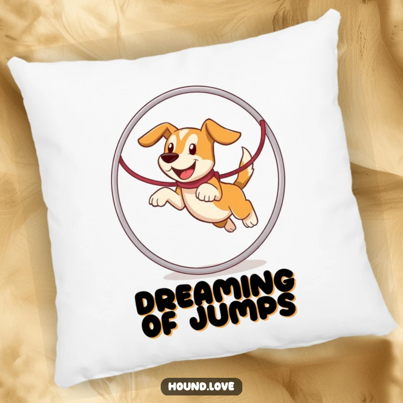 Funny hound character joyfully leaping through a leash hoop, depicted humorously on this soft and cozy pillow.