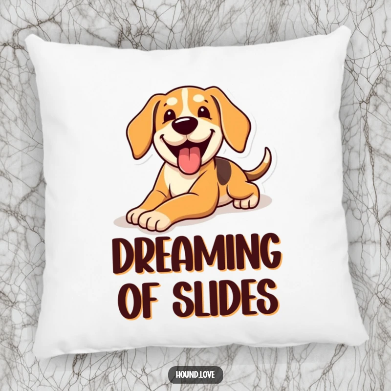 Funny Pillow depicting a happy, panting hound dog in mid-slide, a comical and soft addition to any room.