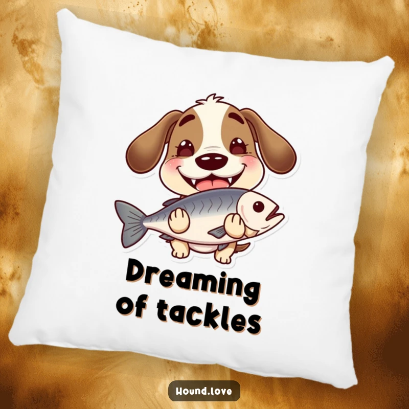 Funny hound with a wide, goofy grin, holding a slippery fish, featured on a soft, decorative pillow for ultimate comfort and humor.