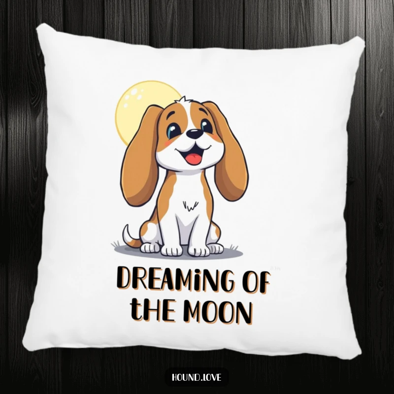 Funny hound with long, floppy ears, joyfully baying at the moon, featured on a soft, decorative pillow for ultimate comfort and humor.