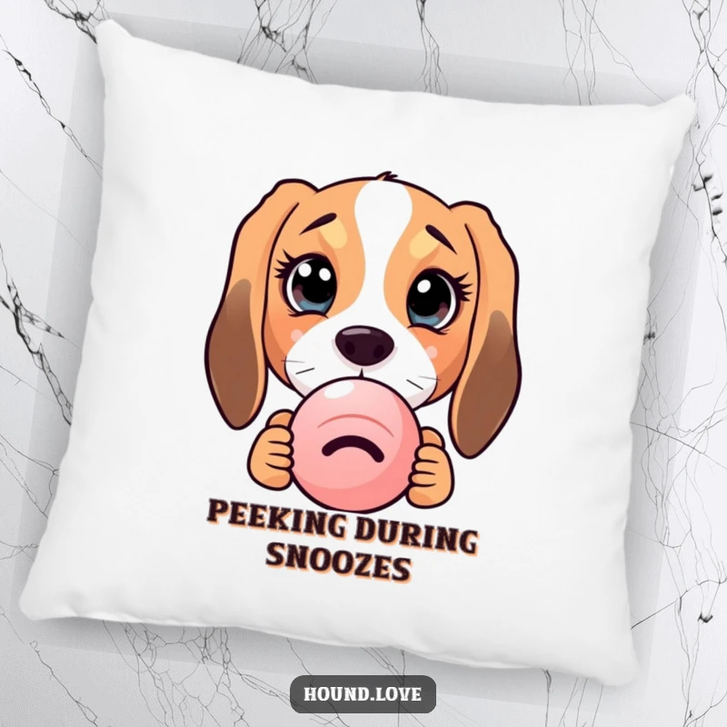 Soft pillow featuring a funny hound dog with enormous, curious eyes peeking from behind a squeaky toy, perfect for cuddles.