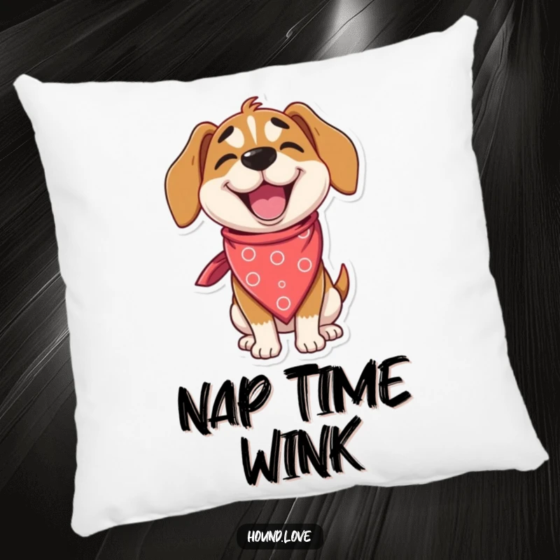 Funny hound pillow with a delighted dog character winking playfully while wearing an enormous, silly bandana, perfect for soft comfort.