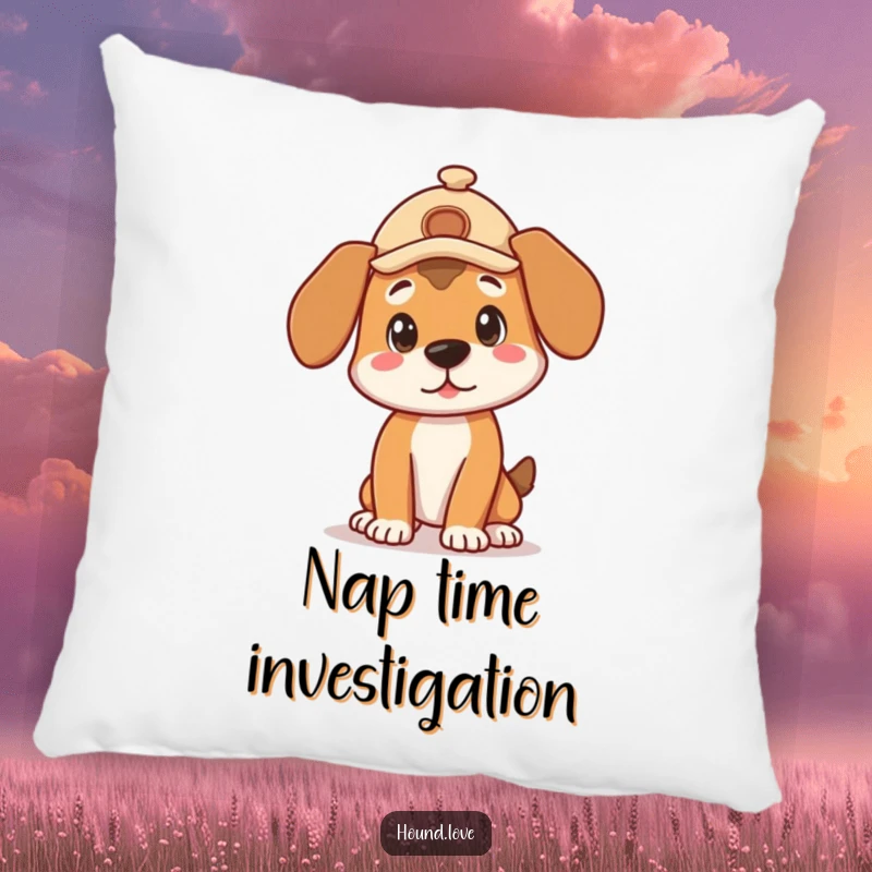 Funny Pillow: A cute hound wearing a detective hat strikes a curious pose, perfect for relaxation.
