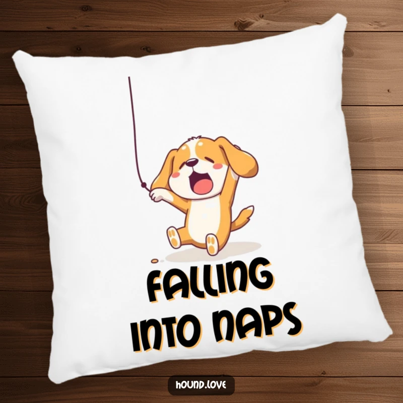 Soft pillow featuring a funny hound dog comically tumbling while reaching for a dangling string, perfect for humorous comfort.