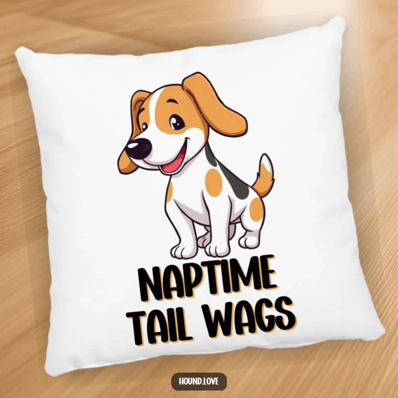 Funny hound dog pillow featuring a happy dog wagging its tail. A soft, humorous, and decorative gift for dog lovers.