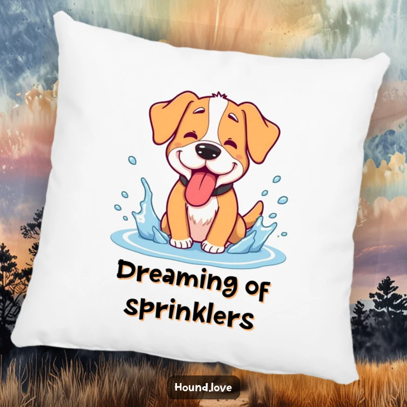 Funny hound pillow, a goofy dog panting with its tongue lolling, enjoying a cool water splash, soft and humorous.