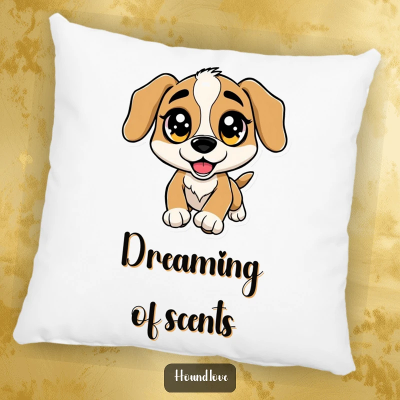 Funny Pillow: A hound dog with oversized, sparkling eyes leaps excitedly, perfect for cozying.