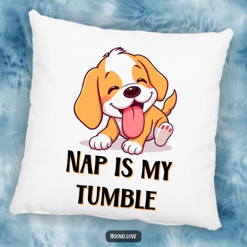 Funny tumbling hound pillow featuring a dog comically tumbling with its tongue lolling out. A soft, humorous gift.