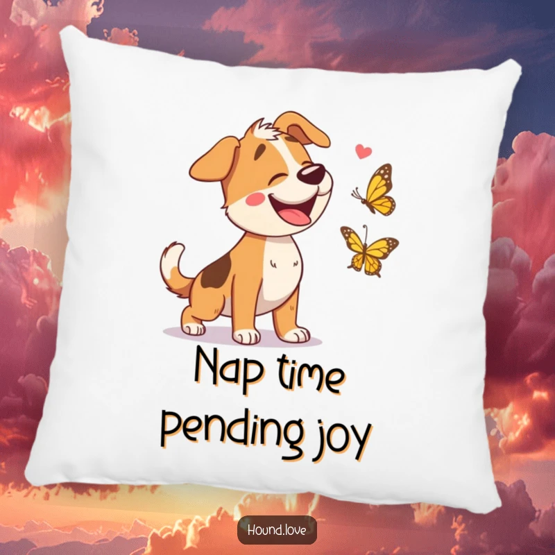 Funny pillow featuring a jubilant hound character mid-giggle while playfully chasing a fluttering butterfly, perfect for a humorous touch.