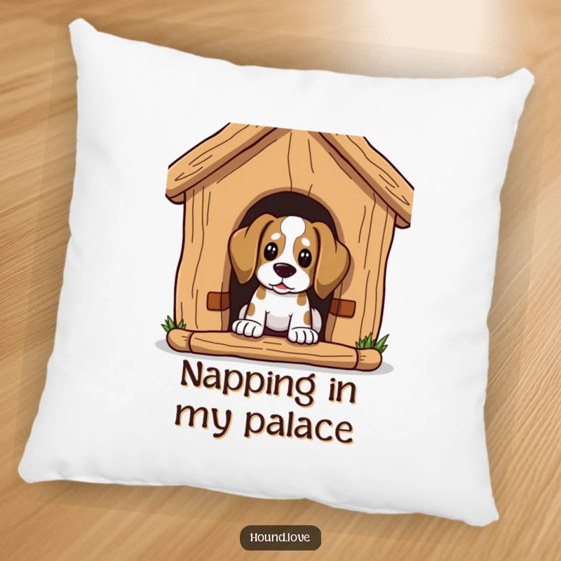 Funny Pillow: Hound character peeks curiously from a huge dog house, soft cushion for dog lovers.