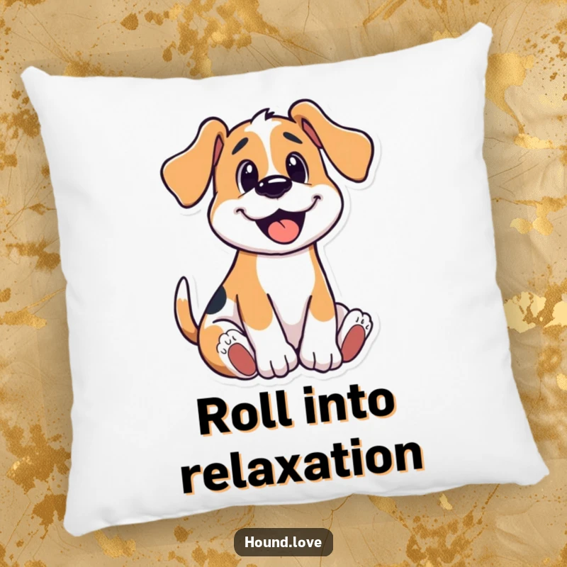 Funny pillow featuring a hound dog in a happy, playful wriggle, designed for comfort and a dose of amusement.
