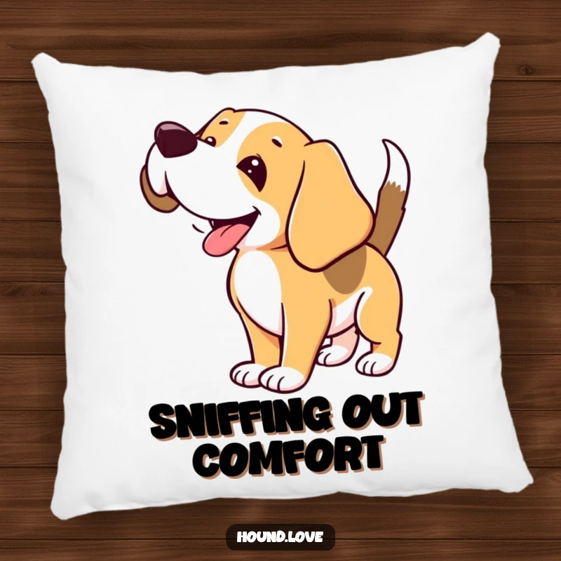 Funny Hound Pillow: Joyful hound sniffing the air, offering comfort and humor, a delightful home accent.