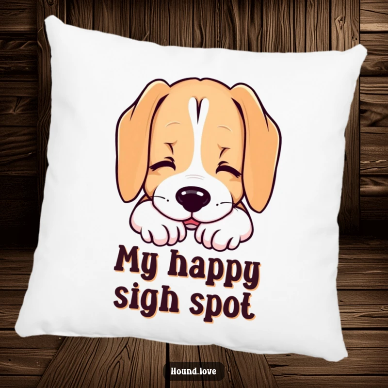Funny pillow featuring a hound dog resting its chin with a contented sigh, designed for comfort and a dose of peace.