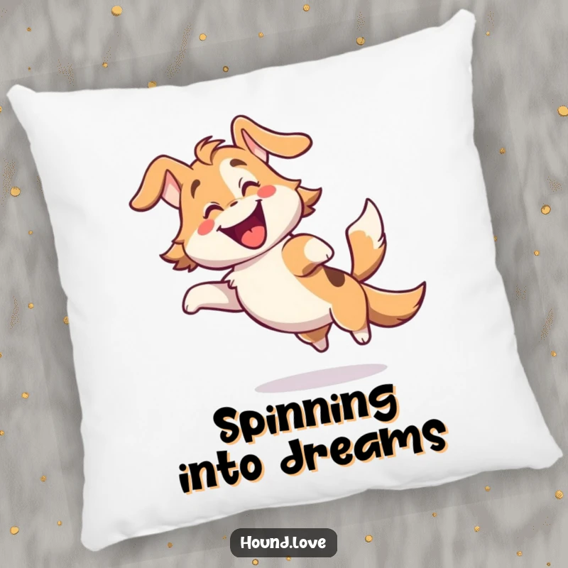 Funny pillow showcasing a gleeful hound character spinning with extreme delight and a furiously wagging tail, adding comfort and humor.