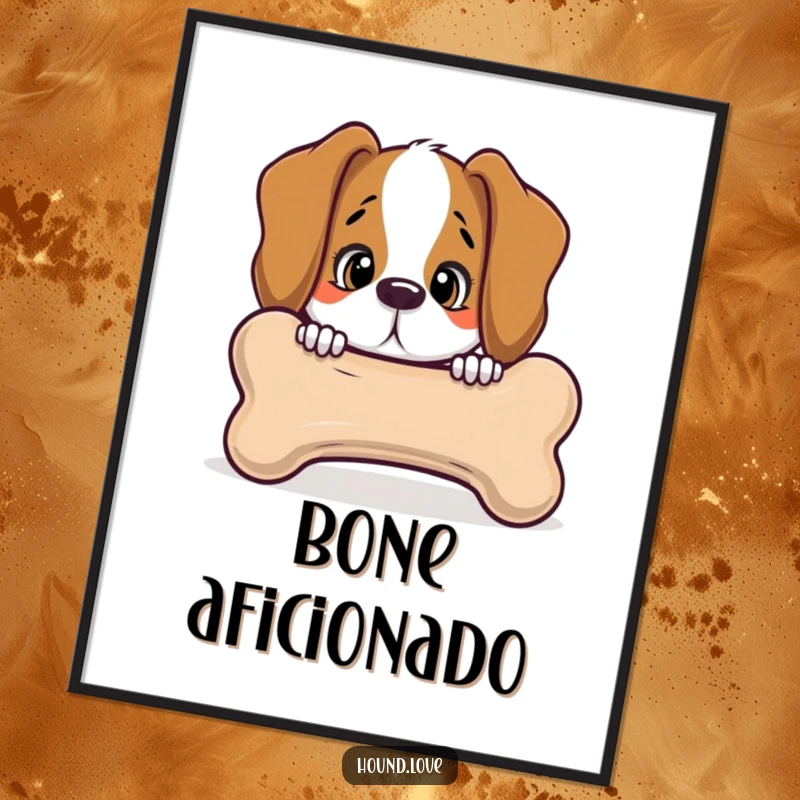 Funny hound peeking with curiosity from behind a giant, talking bone, as a digital art print, bringing canine and mystery humor to your walls.