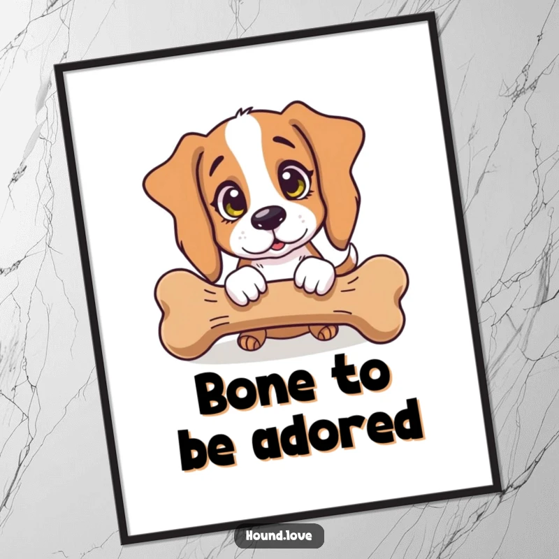 Funny Digital Art Print: An innocent-eyed hound dog playfully nudging a giant bone, bringing instant humor and charm to any space.