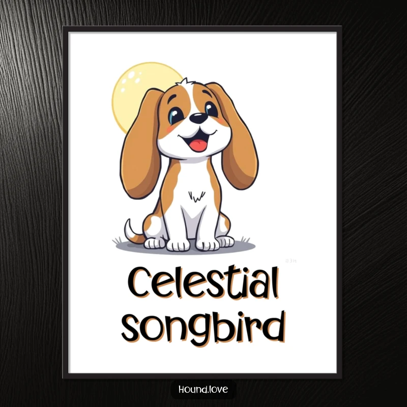 Funny hound with long, floppy ears, joyfully baying at the moon, as a digital art print, bringing canine humor to your walls.
