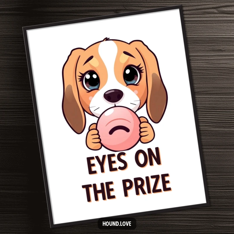 High-resolution digital art print of a funny hound dog with enormous, curious eyes peeking behind a squeaky toy, ready for instant charm.
