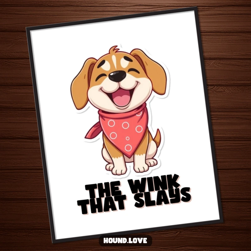 Funny hound digital art print of a delighted dog character winking while wearing an enormous, silly bandana, offering instant decor.