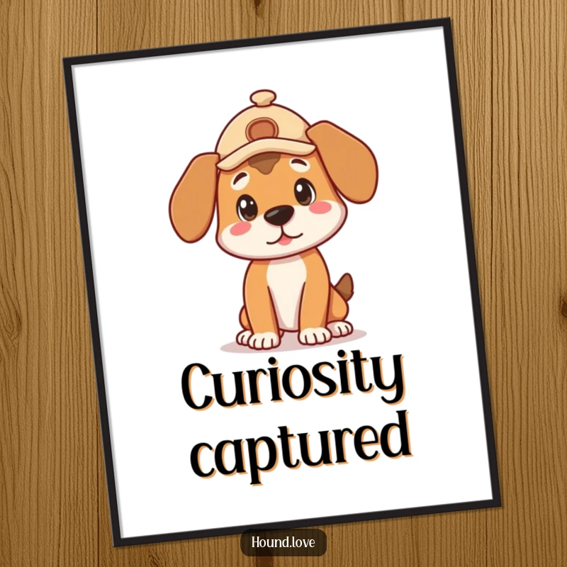 Funny Digital Art: A cute hound dog in a detective hat strikes a curious pose, ready to print.